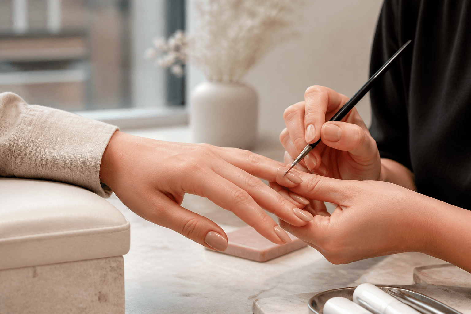 Manicure in progress with natural rose tones
